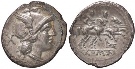 ROMANE REPUBBLICANE - ANONIME - Monete con simboli o monogrammi (211-170 a.C.) - Denario - Testa di Roma a d. /R I Dioscuri a cavallo verso d.; sotto,...