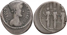 ROMANE REPUBBLICANE - ACCOLEIA - P. Accoleius Lariscolus (43 a.C.) - Denario - Busto di Acca Larentia a d. /R Le tre statue delle Ninfe Querquetulanee...
