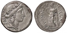 ROMANE REPUBBLICANE - ACILIA - Man. Acilius Glabrio (49 a.C.) - Denario - Testa della Salute a d. /R La Salute stante a s. alimenta un serpente B. 8; ...