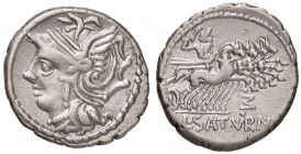 ROMANE REPUBBLICANE - APPULEIA - L. Appuleius Saturninus (104 a.C.) - Denario - Testa di Roma a s. /R Saturno su quadriga verso d. B. 1; Cr. 317/3b (A...