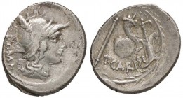 ROMANE REPUBBLICANE - CARISIA - T. Carisius (46 a.C.) - Denario - Testa di Roma a d. /R Scettro, globo celeste, cornucopia e timone entro corona d'all...