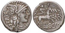 ROMANE REPUBBLICANE - CURIATIA - C. Curiatius f. Trigeminus (142 a.C.) - Denario - Testa di Roma a d., dietro, TRIG /R Roma su quadriga verso d. incor...