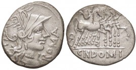 ROMANE REPUBBLICANE - DOMITIA - Cn. Domitius Ahenobarbus (116-115 a.C.) - Denario - Testa di Roma a d. /R Giove su quadriga verso d. B. 7; Cr. 285/1 (...