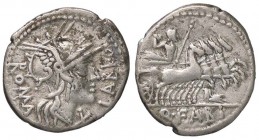 ROMANE REPUBBLICANE - FABIA - Q. Fabius Labeo (124 a.C.) - Denario - Testa di Roma a d. /R Giove su quadriga verso d.; sotto, un rostro di nave B. 1; ...