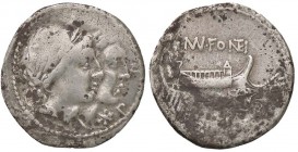 ROMANE REPUBBLICANE - FONTEIA - Man. Fonteius (108-107 a.C.) - Denario - Teste accostate dei Dioscuri a d. /R Galea a d., nel campo un contrassegno B....