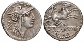ROMANE REPUBBLICANE - JUNIA - D. Junius Silanus L. f. (91 a.C.) - Denario - Testa di Roma a d. /R La Vittoria su biga a d. B. 15; Cr. 337/3 (AG g. 3,9...