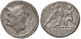 ROMANE REPUBBLICANE - MINUCIA - Q. Minucius Thermus M. f. (103 a.C.) - Denario - Testa di Marte a s. /R Due guerrieri che combattono; fra di loro, un ...