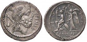 ROMANE REPUBBLICANE - NONIA - M. Nonius Sufenas (59 a.C.) - Denario - Testa di Saturno a d.; dietro, arpa e un oggetto conico /R Roma seduta su scudi ...