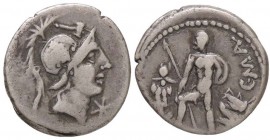 ROMANE REPUBBLICANE - POBLICIA - C. Poblicius Malleolus C. f. (118 a.C.) - Denario - Testa di Marte a d.; davanti, una stella /R Personaggio stante a ...