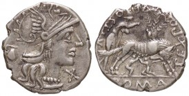 ROMANE REPUBBLICANE - POMPEIA - Sex. Pompeius Fostlus (137 a.C.) - Denario - Testa di Roma a d.; dietro, vaso per il latte /R La lupa allatta Romolo e...