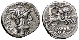 ROMANE REPUBBLICANE - PORCIA - M. Porcius Laeca (125 a.C.) - Denario - Testa di Roma a d. /R La Libertà in quadriga verso d. incoronata dalla Vittoria...