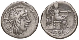 ROMANE REPUBBLICANE - PORCIA - M. Porcius Cato (89 a.C.) - Quinario - Testa della Libertà a d. /R La Vittoria seduta a d. con patera e palma B. 7; Cr....