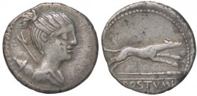 ROMANE REPUBBLICANE - POSTUMIA - C. Postumius (74 a.C.) - Denario - Busto di Diana a d. con arco e faretra /R Cane che corre verso d.; sotto una lanci...