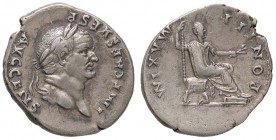 ROMANE IMPERIALI - Vespasiano (69-79) - Denario - Busto laureato a d. /R Vespasiano seduto a d. con scettro e ramo d'ulivo C. 387; RIC 85 (AG g. 3,36)...