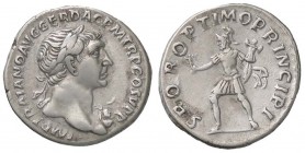 ROMANE IMPERIALI - Traiano (98-117) - Denario - Testa laureata a d. con egida /R Marte andante a s. con lancia e trofeo C. 371; RIC 155 (AG g. 3,39)
...