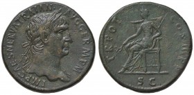 ROMANE IMPERIALI - Traiano (98-117) - Sesterzio - Testa laureata a d. /R La Giustizia seduta a s. con ramo e scettro C. 586 (AE g. 28,22)
qSPL