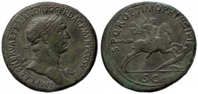 ROMANE IMPERIALI - Traiano (98-117) - Sesterzio - Busto laureato, drappeggiato e corazzato a d. /R Traiano su cavallo al galoppo a d.; a terra, un nem...