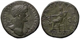 ROMANE IMPERIALI - Adriano (117-138) - Sesterzio - Busto laureato e drappeggiato a d. /R La Fortuna seduta a s. con timone e cornucopia C. 756 (AE g. ...