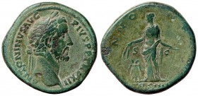 ROMANE IMPERIALI - Antonino Pio (138-161) - Sesterzio - Testa laureata a d. /R L'Abbondanza stante a s. con due spighe e ancora; ai suoi piedi a s., u...