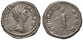 ROMANE IMPERIALI - Plautilla (moglie di Caracalla) - Denario - Busto a d. /R La Concordia stante a s. con scettro e patera C. 1; RIC 363a (AG g. 3,69)...