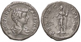 ROMANE IMPERIALI - Geta (209-212) - Denario - Busto giovanile drappeggiato a d. /R Geta in abiti militari stante a s. con ramo e lancia volta in basso...