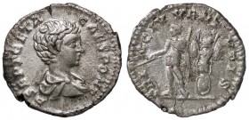 ROMANE IMPERIALI - Geta (209-212) - Denario - Busto giovanile drappeggiato a d. /R Geta in abiti militari stante a s., alle spalle un trofeo C. 157; R...