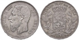 ESTERE - BELGIO - Leopoldo II (1865-1909) - 5 Franchi 1871 Kr. 24 AG
SPL