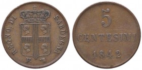 SAVOIA - Carlo Alberto (1831-1849) - 5 Centesimi 1842 T Pag. 334; Mont. 209 R CU Colpetto
BB