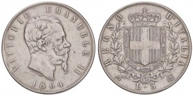 SAVOIA - Vittorio Emanuele II Re d'Italia (1861-1878) - 5 Lire 1864 N Pag. 485; Mont. 166 R AG
qBB