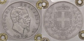 SAVOIA - Vittorio Emanuele II Re d'Italia (1861-1878) - 5 Lire 1870 R Pag. 491; Mont. 173 R AG Sigillata Loris Zanirato
BB+