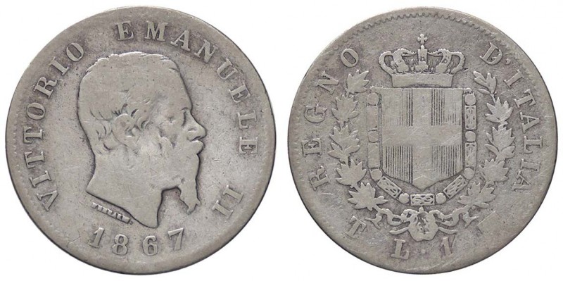 SAVOIA - Vittorio Emanuele II Re d'Italia (1861-1878) - Lira 1867 T Stemma Pag. ...