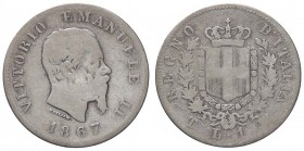 SAVOIA - Vittorio Emanuele II Re d'Italia (1861-1878) - Lira 1867 T Stemma Pag. 519; Mont. 205 RR AG
qMB
