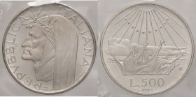 REPUBBLICA ITALIANA - Repubblica Italiana (monetazione in lire) (1946-2001) - 500 Lire 1965 - Dante - Prova Mont. 5 RR AG Sigillata Gianfranco Erpini...