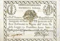 CARTAMONETA - STATO PONTIFICIO - Repubblica Romana Assegnati (1798) - 7 Paoli Anno 7 Gav. 65 Rossi
BB
