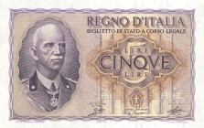 CARTAMONETA - BIGLIETTI DI STATO - Vittorio Emanuele III (1900-1943) - 5 Lire 1940 - XVIII Alfa 60; Lireuro 13A Grassi/Porena/Cossu
FDS