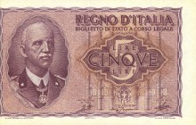 CARTAMONETA - BIGLIETTI DI STATO - Vittorio Emanuele III (1900-1943) - 5 Lire 1944 - XXII Alfa 61; Lireuro 13B Grassi/Porena/Cossu Taglio decentrato a...