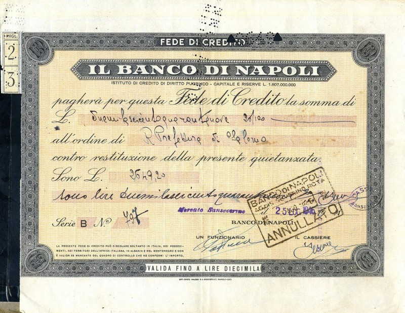 VARIE - Azioni e obbligazioni Banco di Napoli fedi di credito 1946, lotto di 5 b...