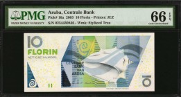 ARUBA. Centrale Bank. 10 Florin, 2003. P-16a. PMG Gem Uncirculated 66 EPQ.

Terrific colorful type with the Calco Indian conch on face. Exceptional ...