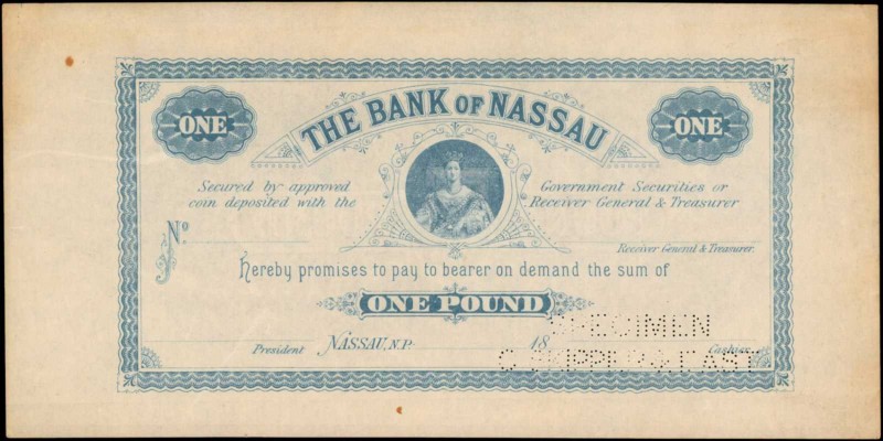 BAHAMAS. Bank of Nassau. 1 Pound, ND (1870's). P-A4A. Specimen. Extremely Fine....