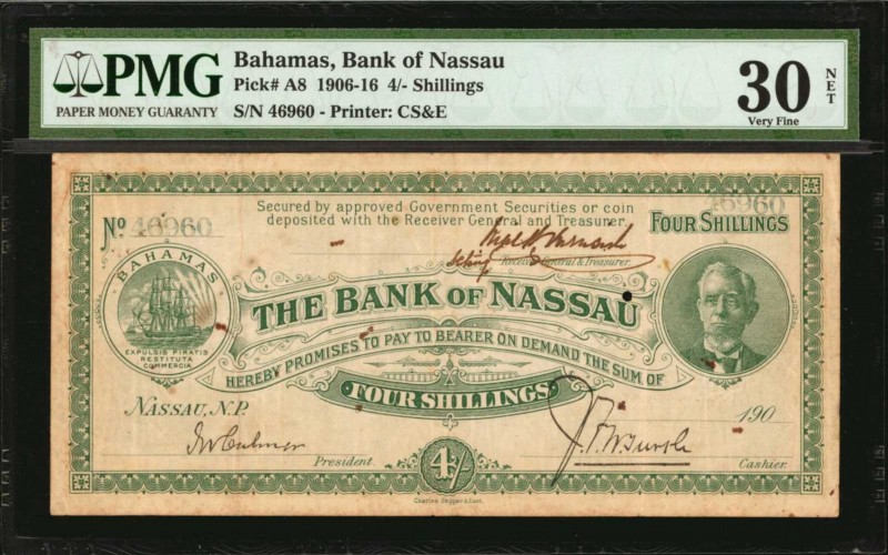 BAHAMAS. Bank of Nassau. 4 Shillings, 1906-16. P-A8. PMG Very Fine 30 Net. Rust,...