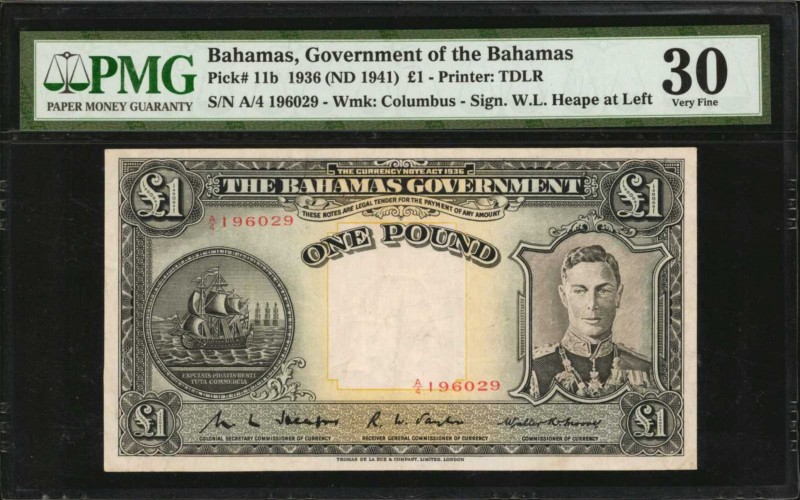 BAHAMAS. Government of the Bahamas. 1 Pound, 1936 (ND 1941). P-11b. PMG Very Fin...