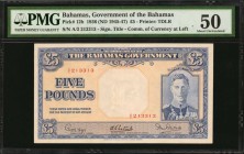 BAHAMAS. Government of the Bahamas. 5 Pounds, 1936 (ND 1945-47). P-12b. PMG About Uncirculated 50.

Printed by TDLR. Signature title of Commissioner...