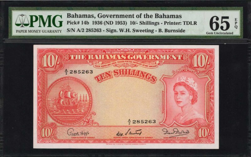 BAHAMAS. Government of the Bahamas. 10 Shillings, 1936 (ND 1953). P-14b. PMG Gem...