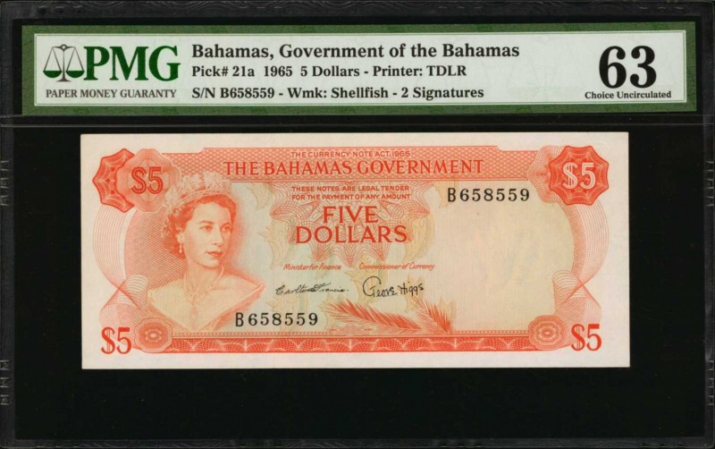 BAHAMAS. Government of the Bahamas. 5 Dollars, 1965. P-21a. PMG Choice Uncircula...