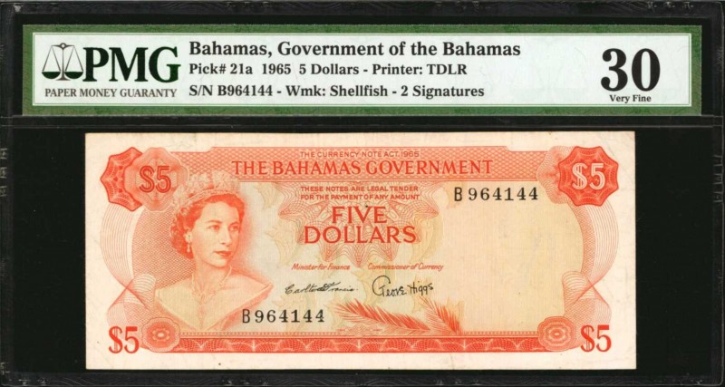 BAHAMAS. Government of the Bahamas. 5 Dollars, 1965. P-21a. PMG Very Fine 30.
...