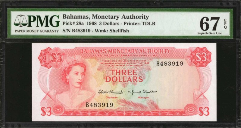 BAHAMAS. Monetary Authority. 3 Dollars, 1968. P-28a. PMG Superb Gem Uncirculated...