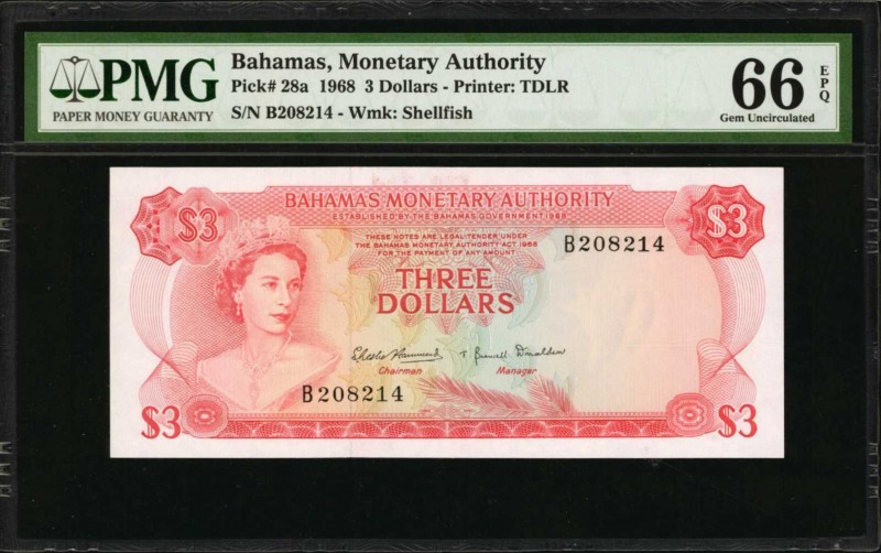 BAHAMAS. Monetary Authority. 3 Dollars, 1968. P-28a. PMG Gem Uncirculated 66 EPQ...