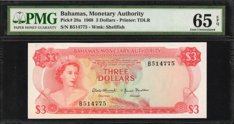 BAHAMAS. Monetary Authority. 3 Dollars, 1968. P-28a. PMG Gem Uncirculated 65 EPQ...