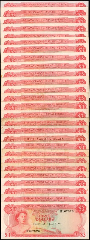 BAHAMAS. Bahamas Monetary Authority. 3 Dollars, 1968. P-28a. Fine to About Uncir...