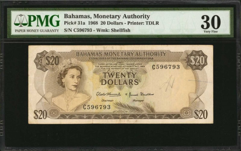 BAHAMAS. Bahamas Monetary Authority. 20 Dollars, 1968. P-31a. PMG Very Fine 30....